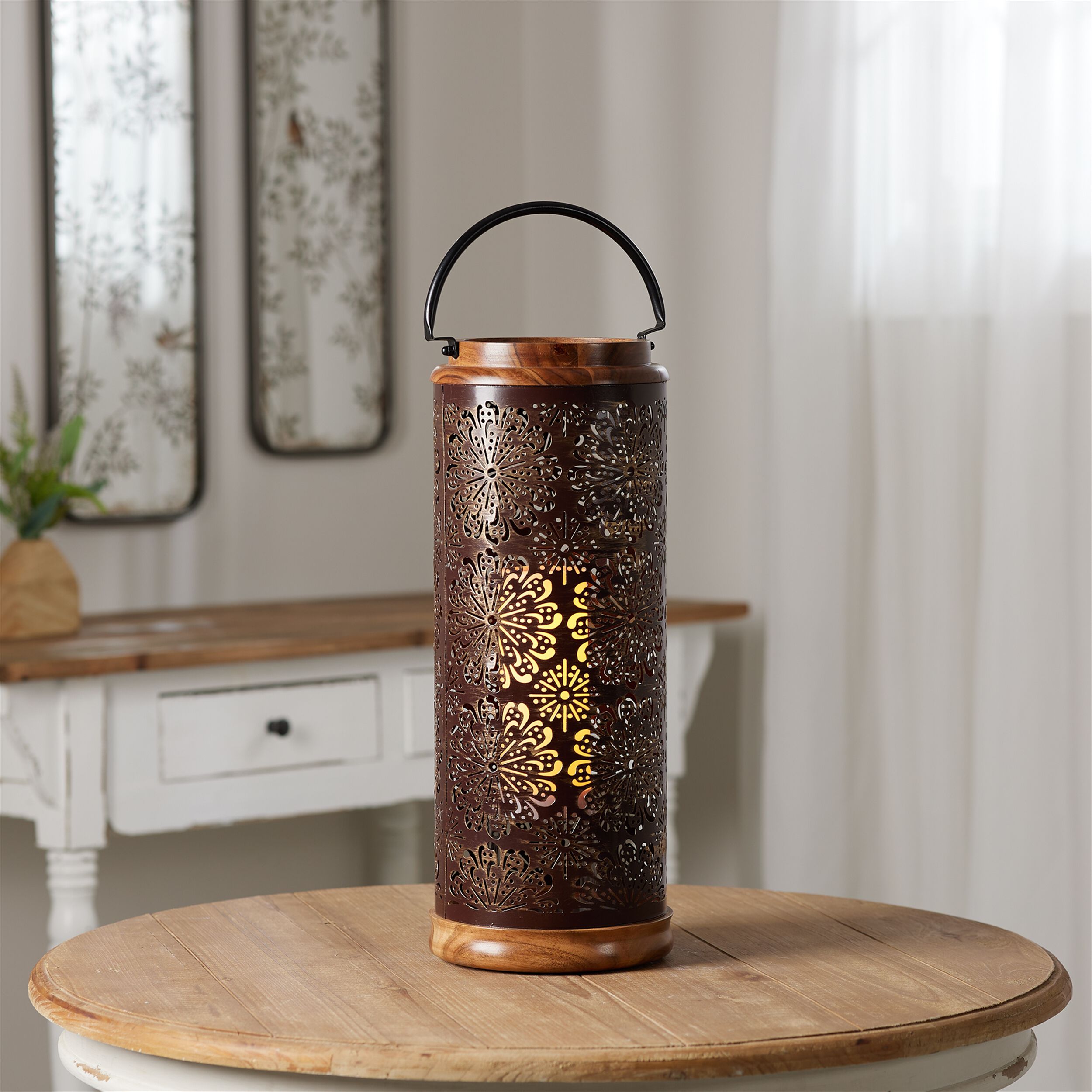 Punched Metal Lantern with Natural Wood Accents 19INH, BROWN, alternate image number 1