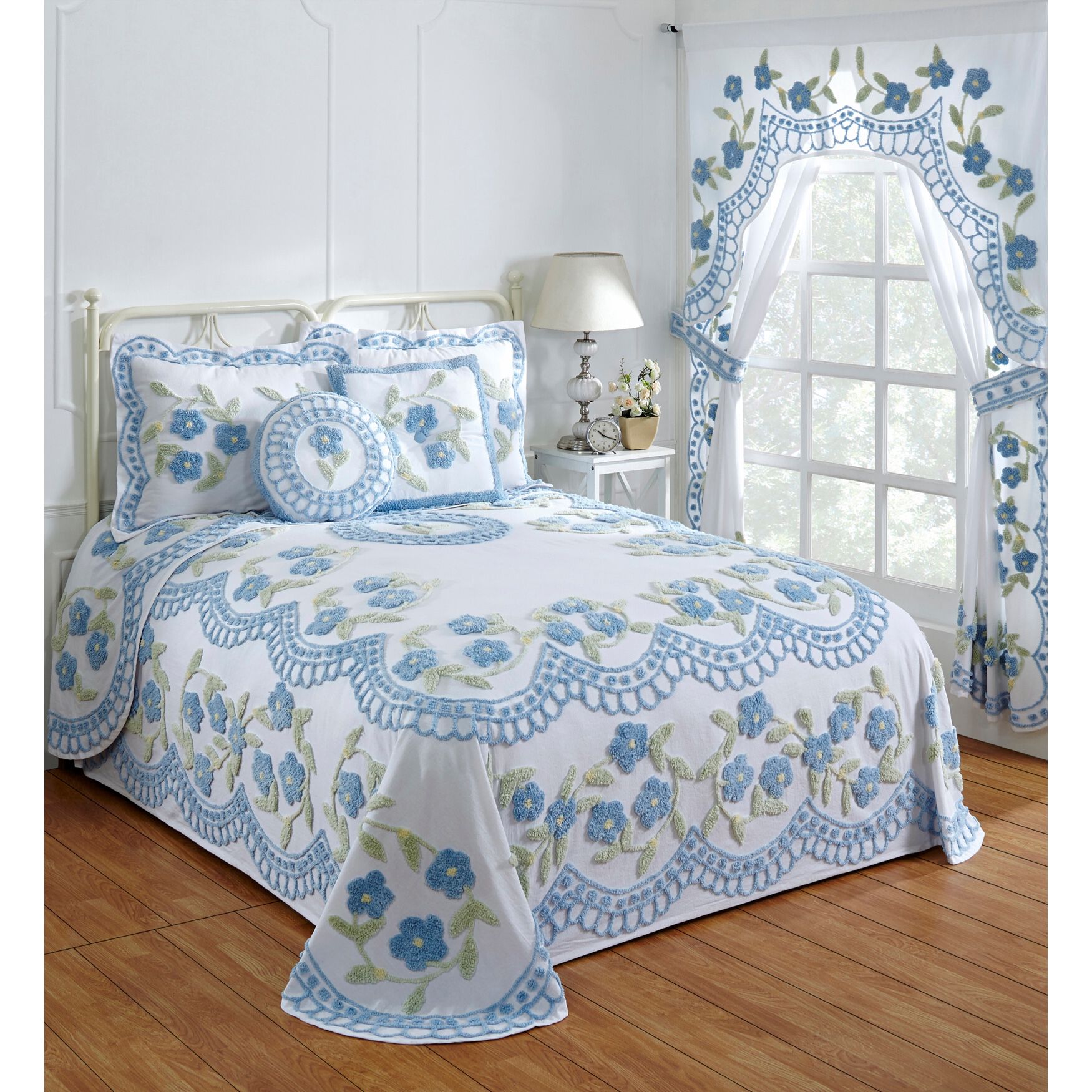 Bloomfield Collection in Floral Design Tufted Chenille Bedspread , BLUE, hi-res image number 0