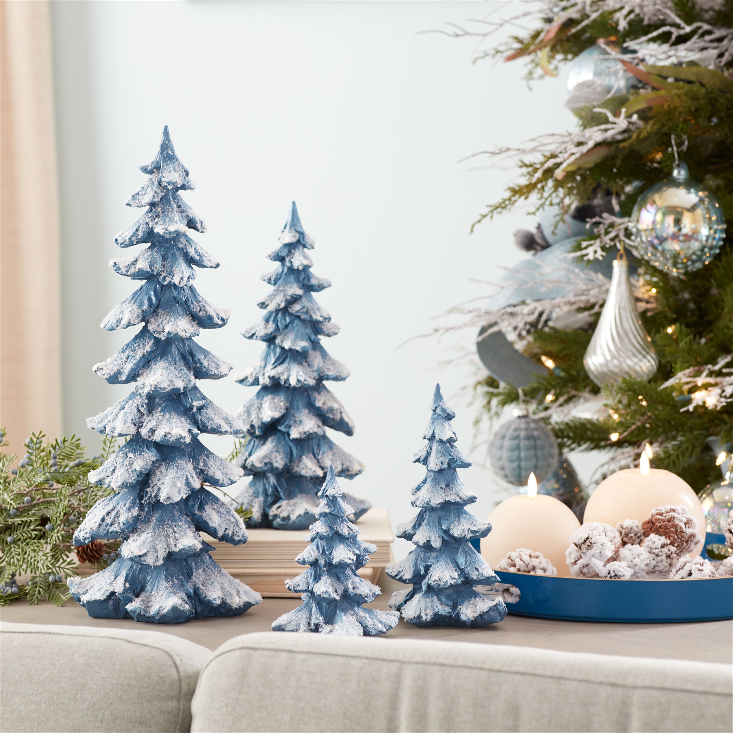 Flocked Pine Tree (Set of 4), BLUE WHITE, alternate image number 6