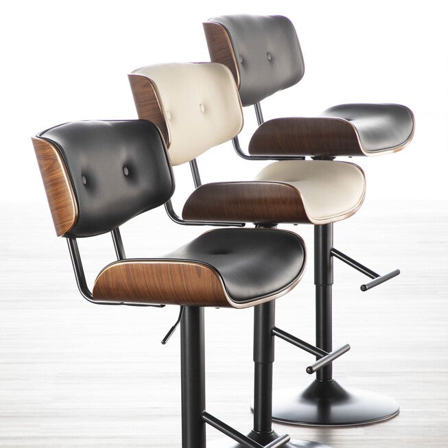 Lombardi Mid-Century Modern Adjustable Barstool In Walnut With Faux Leather Upholstery, , alternate image number 8