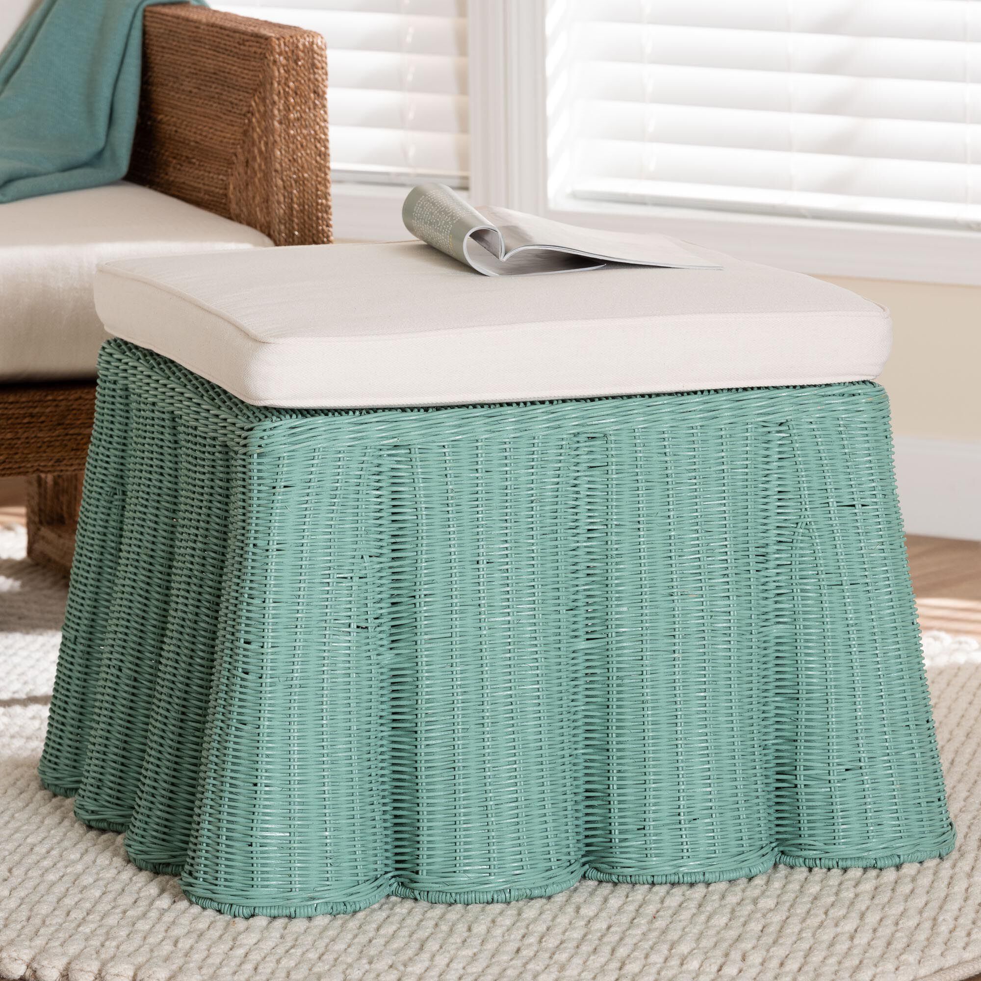 Palm Bohemian White Scallop Rattan Ottoman