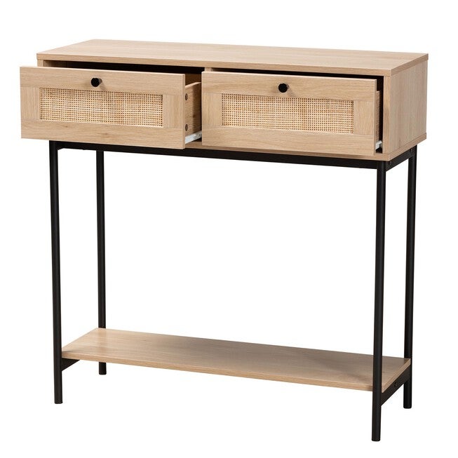 Sherwin Mid-Century Modern Light Brown And Black 2-Drawer Console Table With Woven Rattan Accent, , on-hover image number null