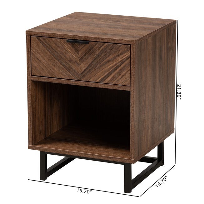 Sadia Modern Walnut Brown Finished Wood And Black Metal 1-Drawer End Table, , alternate image number null