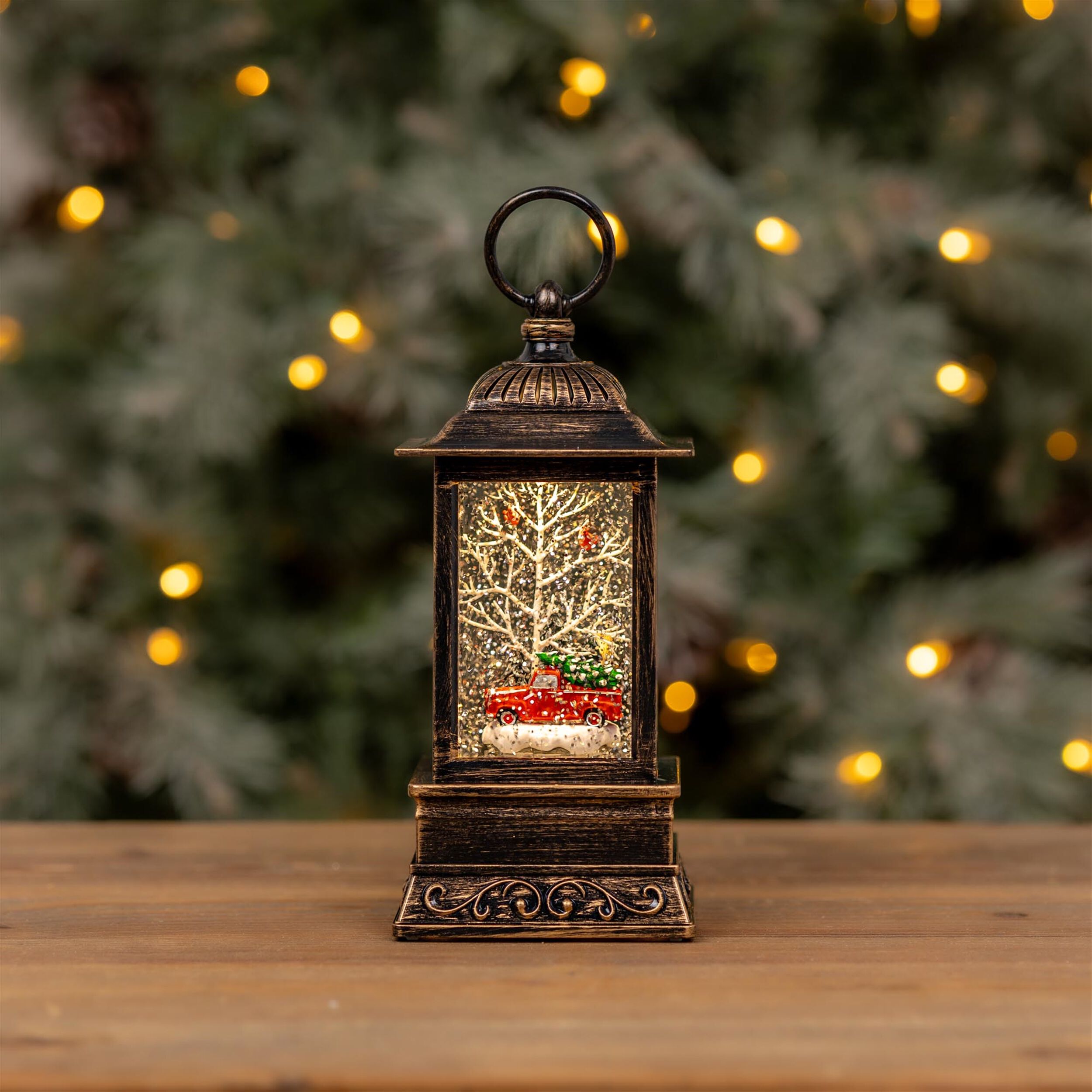 LED Snow Globe Lantern with Truck and Forest Scene 10.25 inchesH, RED GREEN WHITE, alternate image number 3