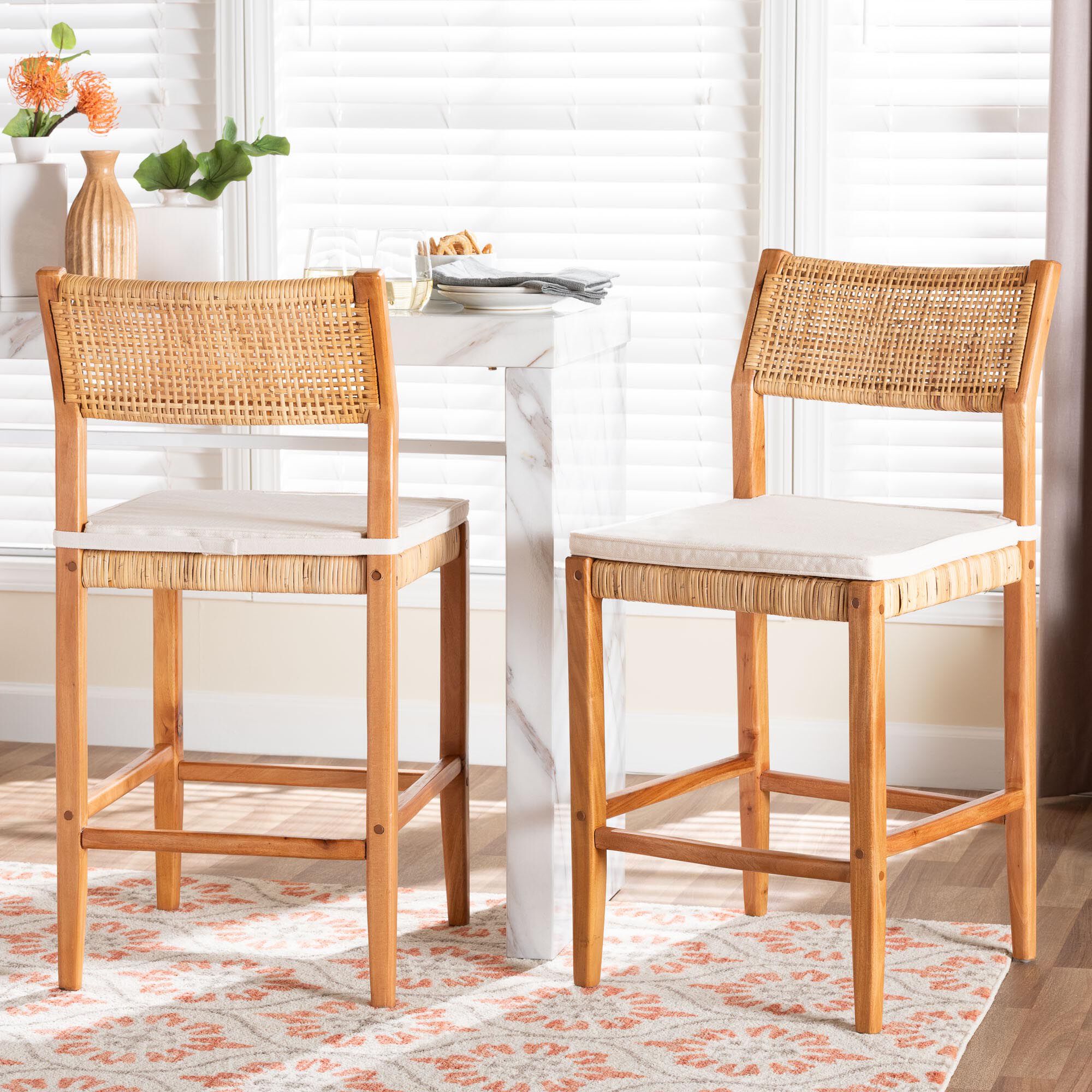 Chatura Natural Rattan and Mahogany Wood 2-Piece Counter Stool Set