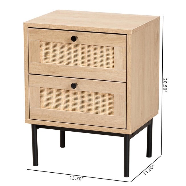 Sherwin Mid-Century Modern Light Brown And Black 2-Drawer End Table With Woven Rattan Accent, , alternate image number null