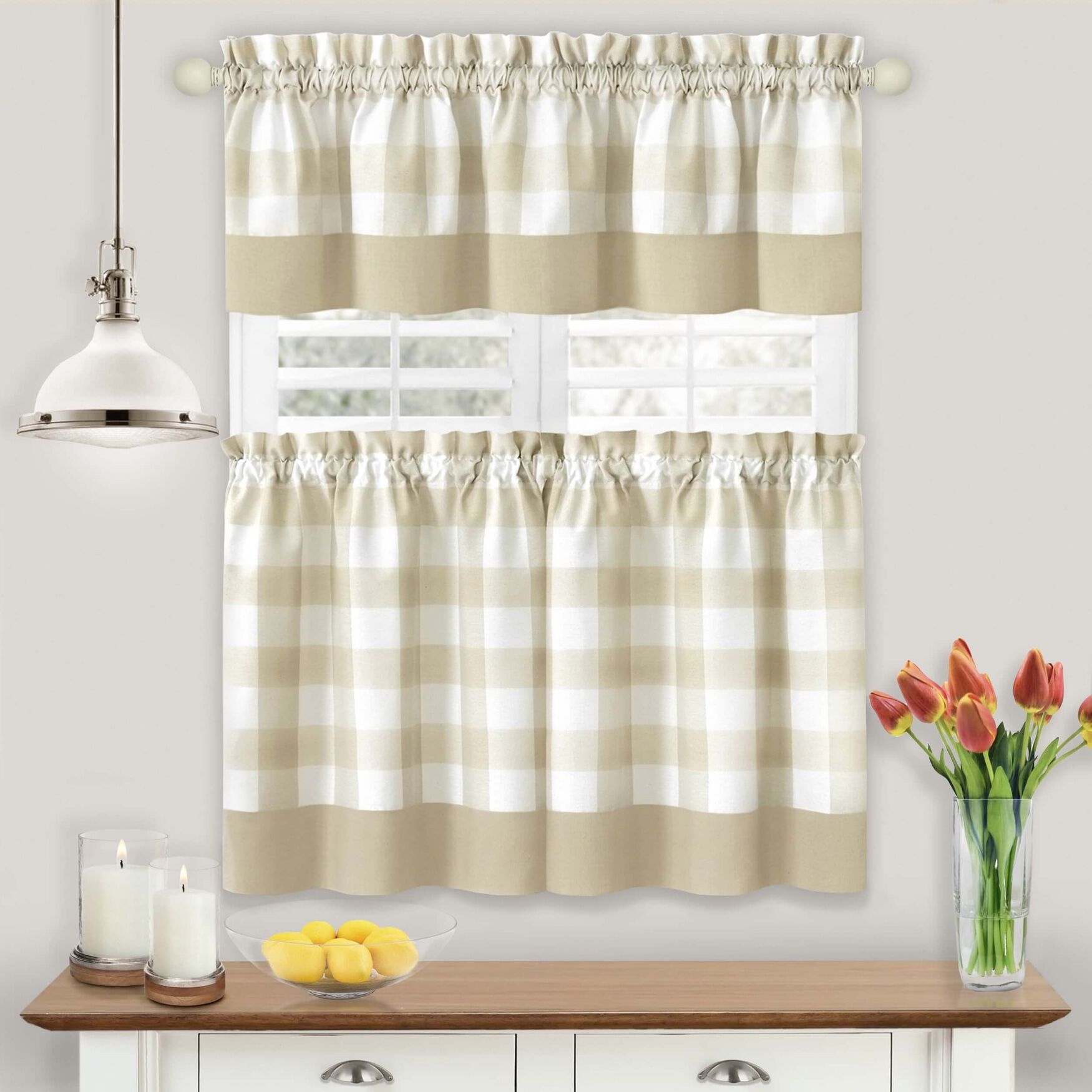 Hunter Window Curtain Tier Pair And Valance Set, TAN, hi-res image number 0