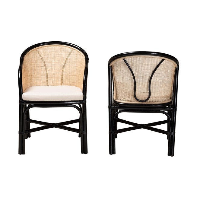 Miranda Modern Bohemian Two-Tone Black And Natural Brown Rattan 2-Piece Dining Chair Set, , on-hover image number 1