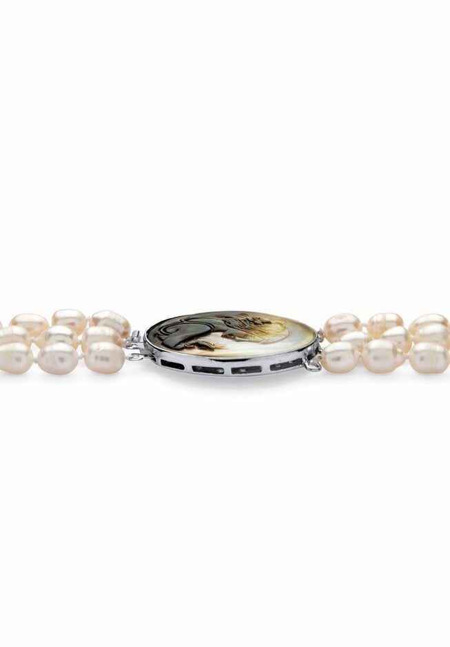 Silver Tone Multi Strand Cameo Necklace Cultured Freshwater Pearl 28 inches, , on-hover image number 1