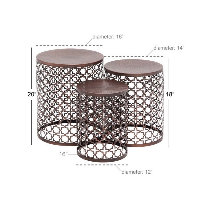 Set of 3 Brown Metal Industrial Accent Table, 20 inches, 18 inches, 16 inches, , alternate image number null