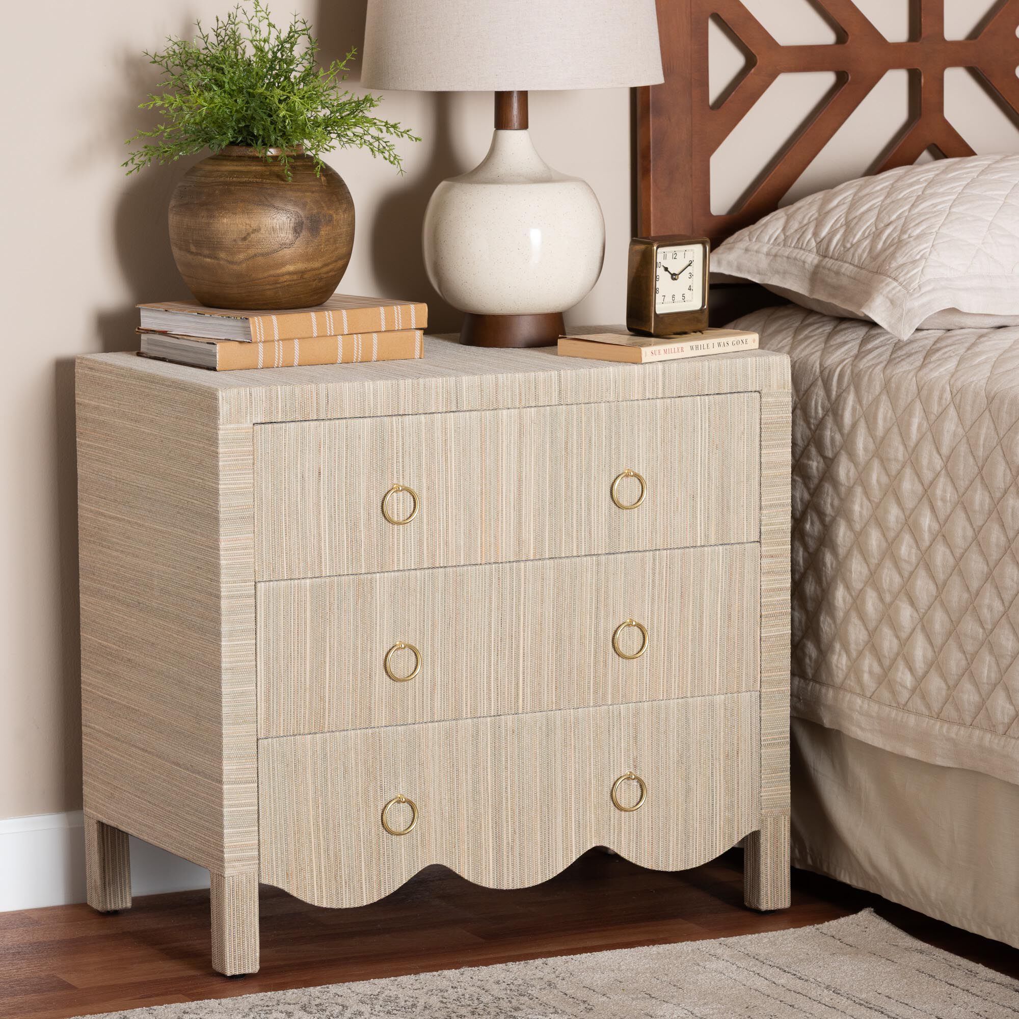 Umika Grasscloth Nightstand with Scalloped Base, BEIGE, hi-res image number 0