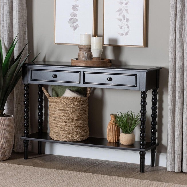 Malinda Classic Black Wood 2-Drawer Console Table with Spindle Legs, BLACK, hi-res image number null