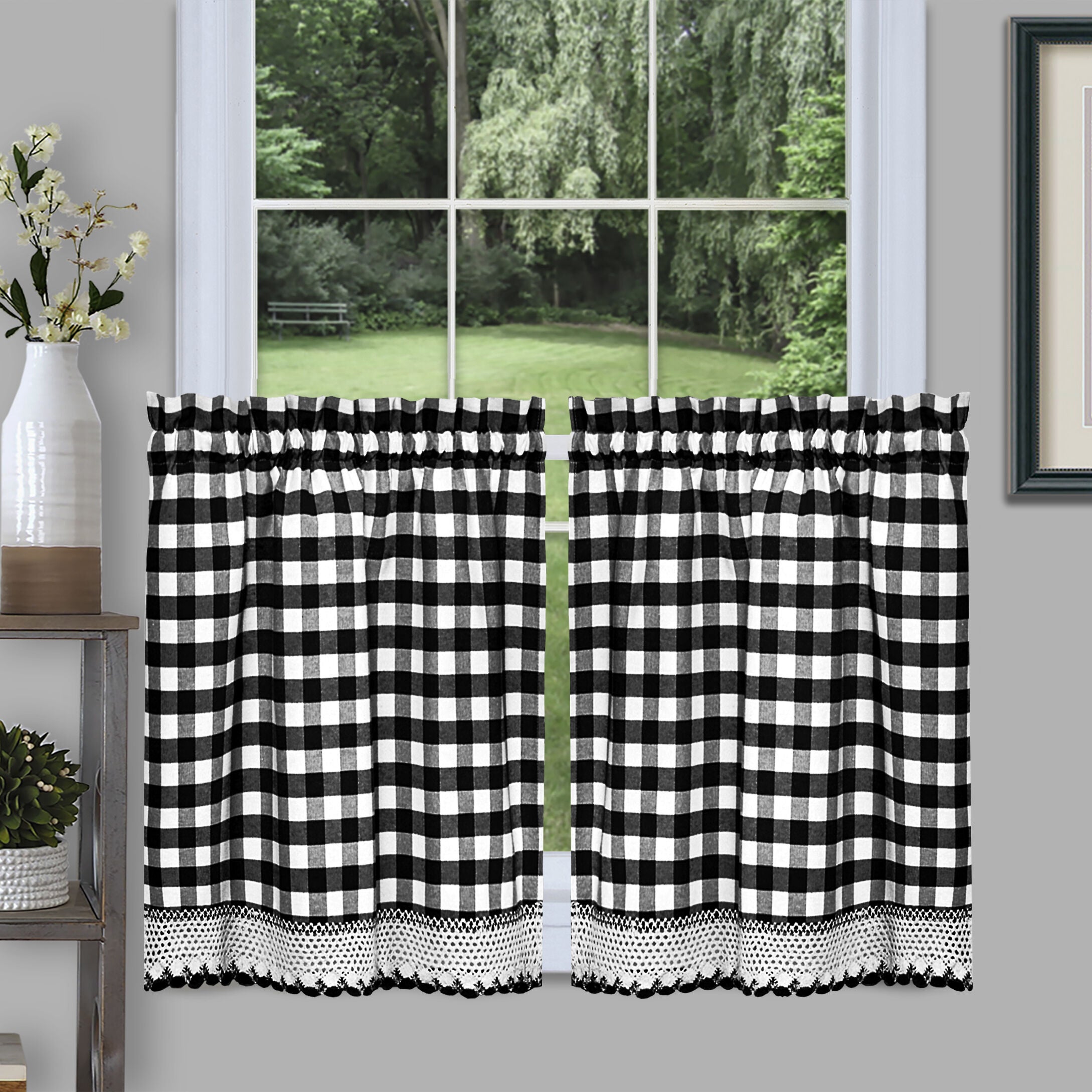 Buffalo Check Window Curtain Tier Pair - 58x36 - Navy, BLACK, hi-res image number 0