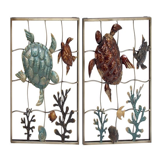 Set Of 2 Gold Metal Coastal Sea Life Wall Decor, GOLD, hi-res image number null