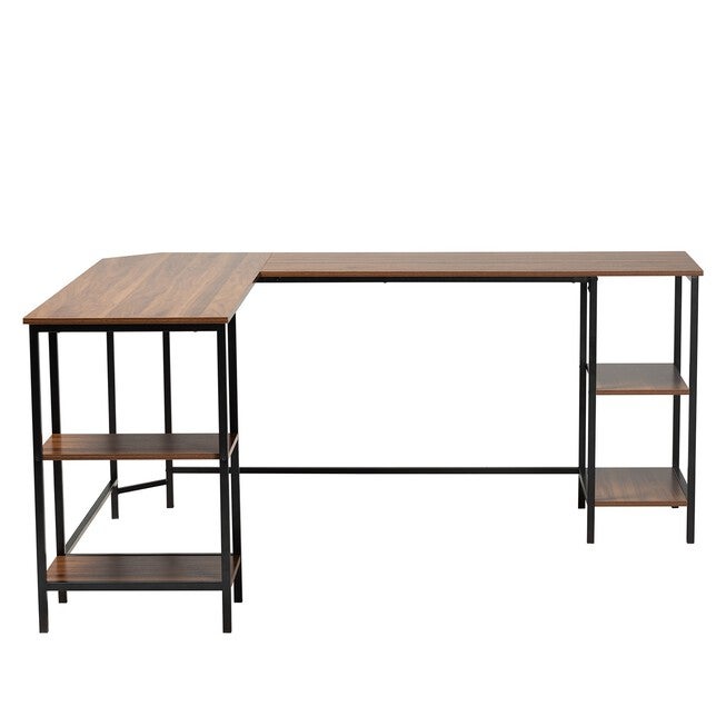 Lydia Modern Walnut Brown Finished Wood And Black Metal L-Shaped Corner Desk With Shelves, , on-hover image number 1