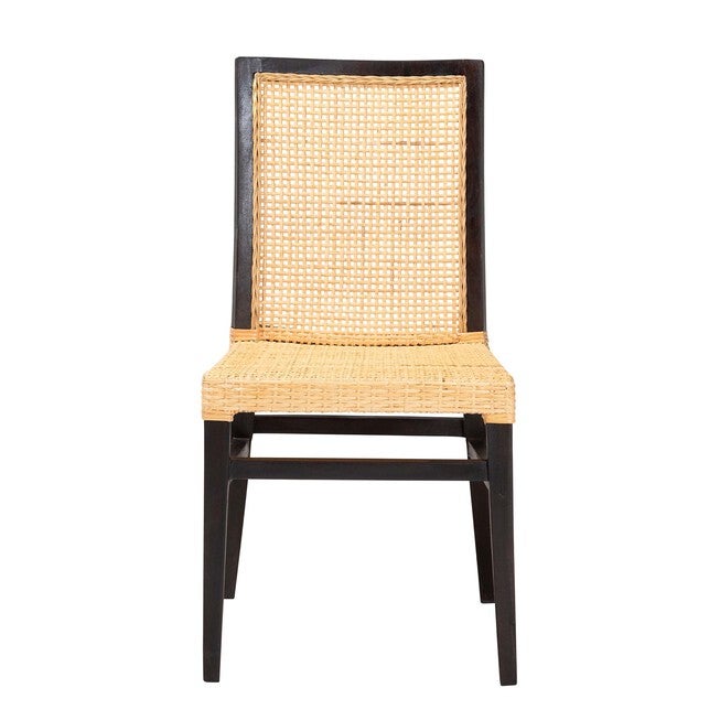 Lingga Modern Bohemian Dark Brown Mahogany Wood And Natural Rattan Dining Chair, , on-hover image number null