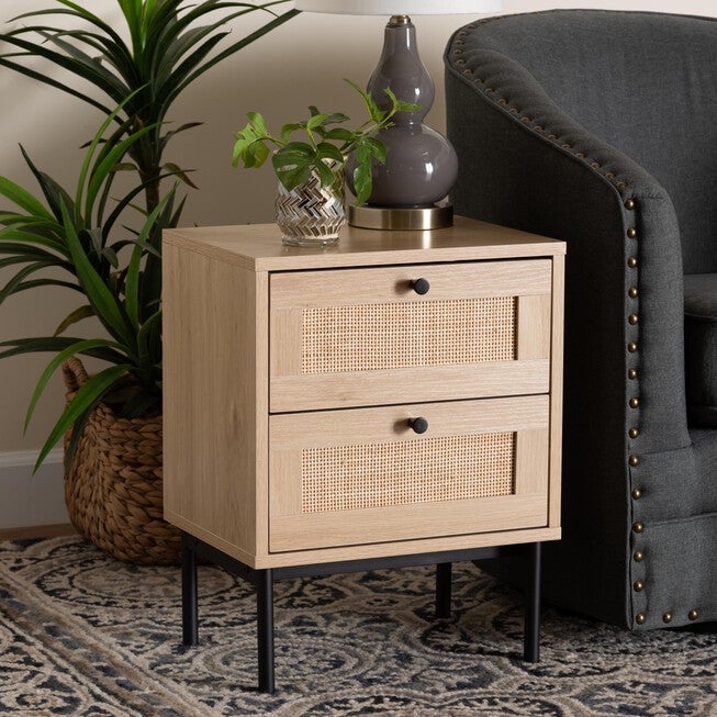 Sherwin Mid-Century Modern Light Brown And Black 2-Drawer End Table With Woven Rattan Accent, , alternate image number null