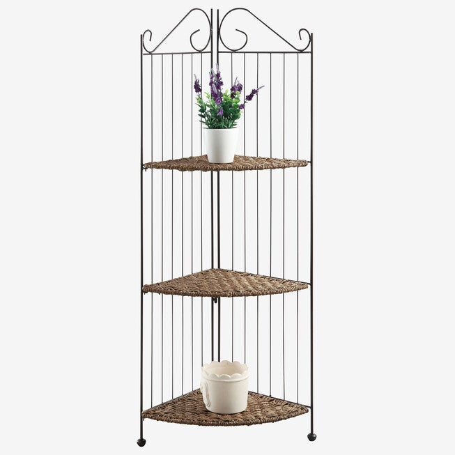Farmington 3 Tier Folding Corner Maize Weave/ Black Iron Shelf, BROWN, hi-res image number null