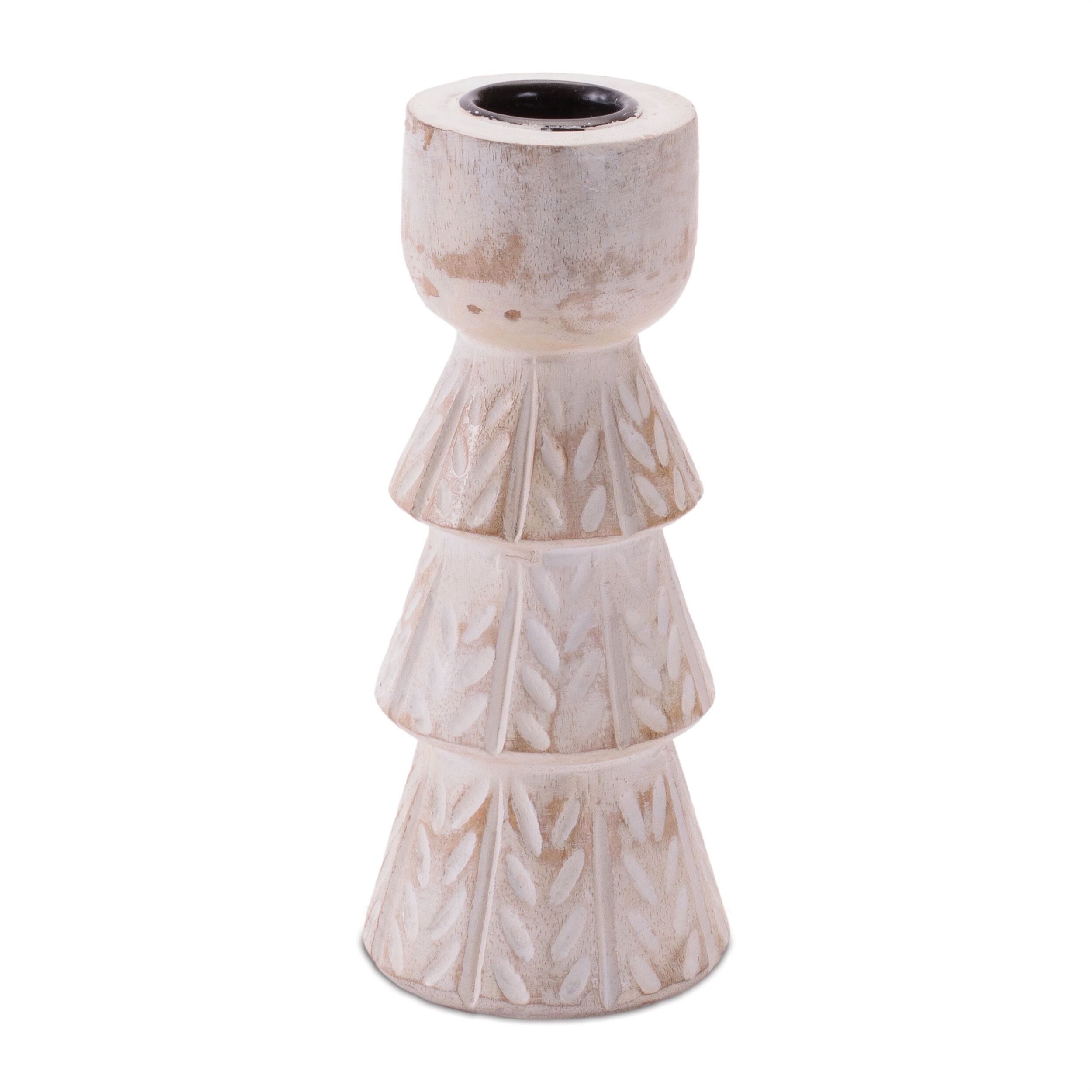 White Washed Wood Taper Candle Holder (Set of 2), WHITE BROWN, alternate image number 3