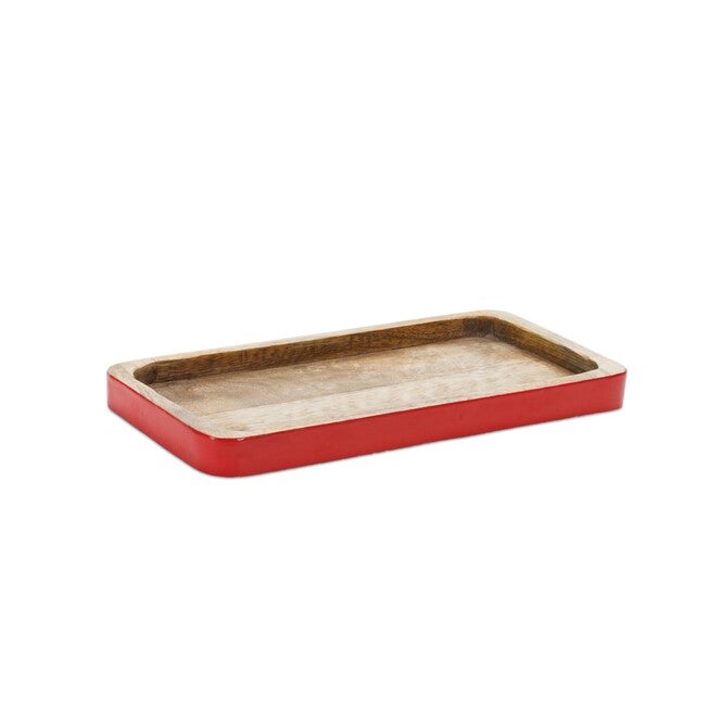 Red Trimmed Wooden Tray (Set of 2), RED/BROWN, alternate image number null