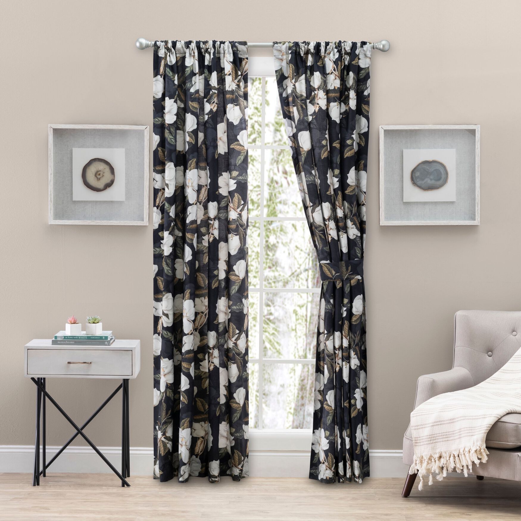 Magnolia Curtain Lined Panel Pair Tiebacks, BLACK, hi-res image number 0