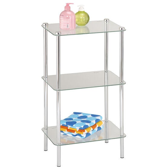 Home Basics 3 Tier Multi Use Rectangle Glass Corner Shelf Clear, CHROME, hi-res image number null
