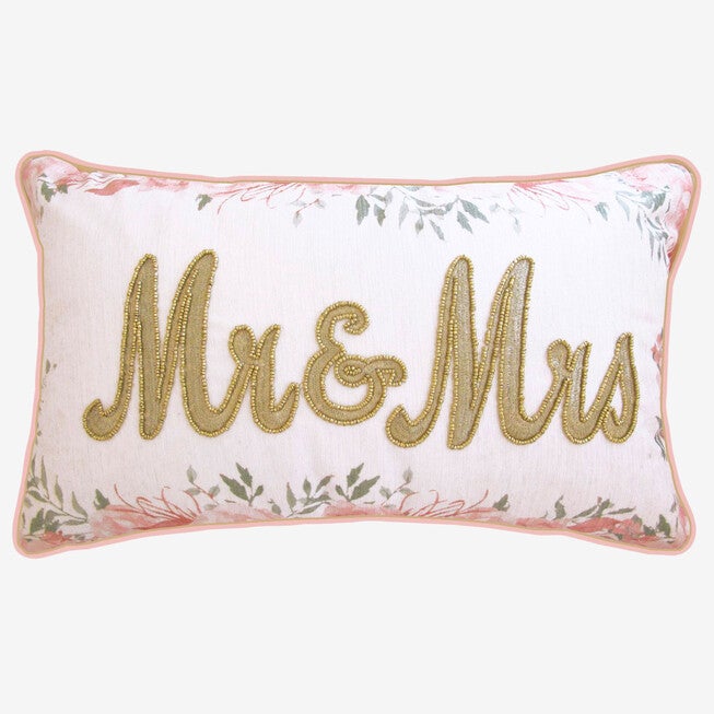 Floral Beaded "Mr & Mrs" Decorative Pillow, OYSTER PINK, hi-res image number null
