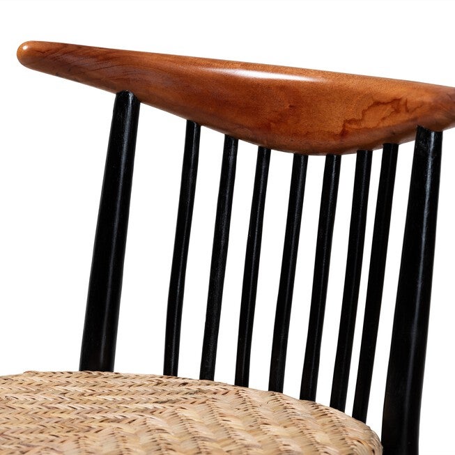 Parthenia Mid-Century Modern Two-Tone Black And Walnut Brown Finished Mahogany Wood And Natural Rattan Dining Chair, , alternate image number null