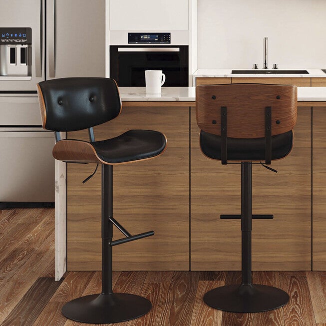 Lombardi Mid-Century Modern Adjustable Barstool In Walnut With Faux Leather Upholstery, , alternate image number 11