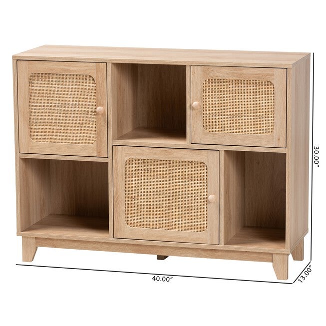 Elsbeth Mid-Century Modern Light Brown Finished Wood And Natural Rattan 3-Door Sideboard, , alternate image number 9