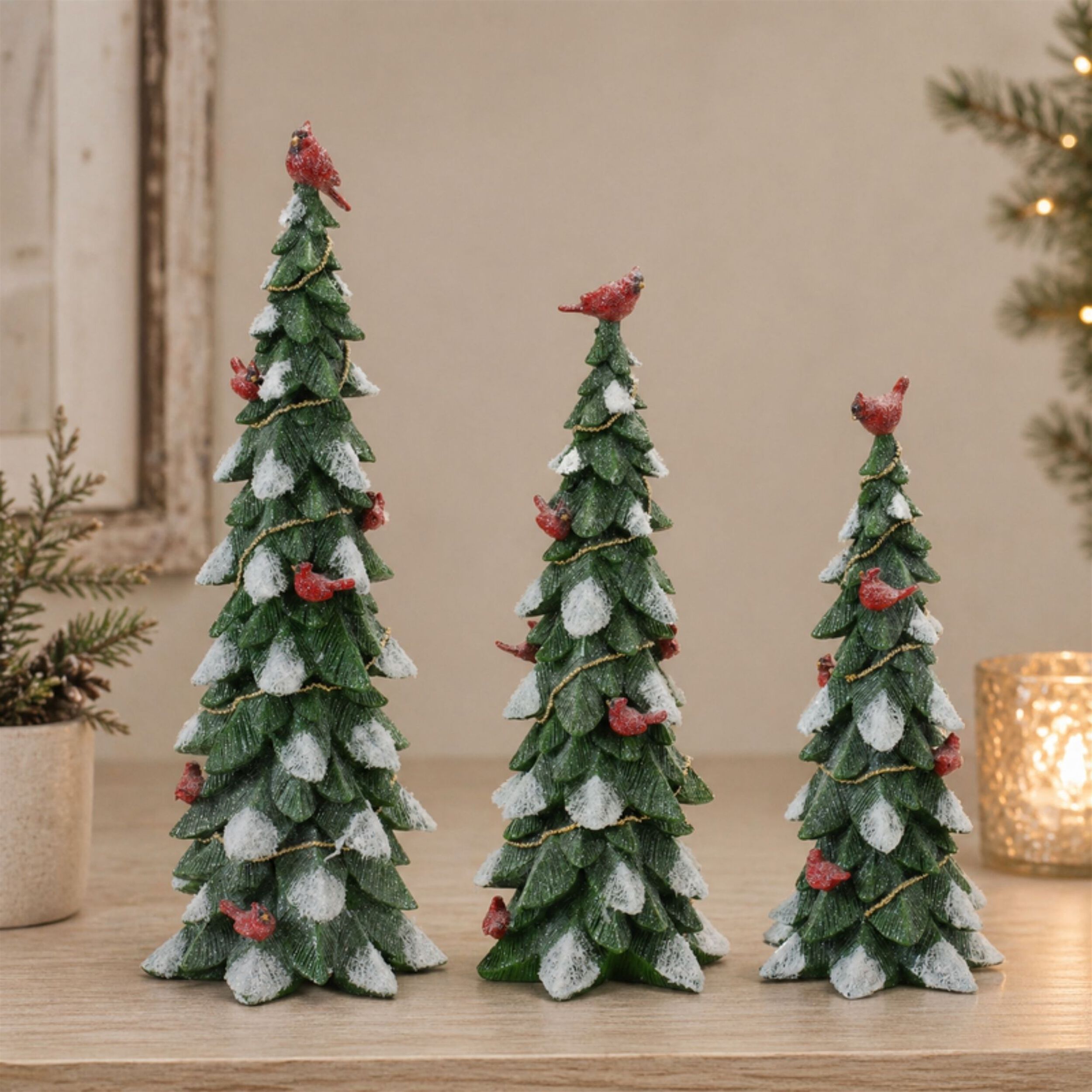 Frosted Cardinal Pine Tree (Set of 3), WHITE GREEN RED, alternate image number 2