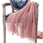 Battilo Home Solid Knit Mesh Tassels Throw Blanket Super Soft Warm Multi Color, 51" x 59", PINK, hi-res image number null