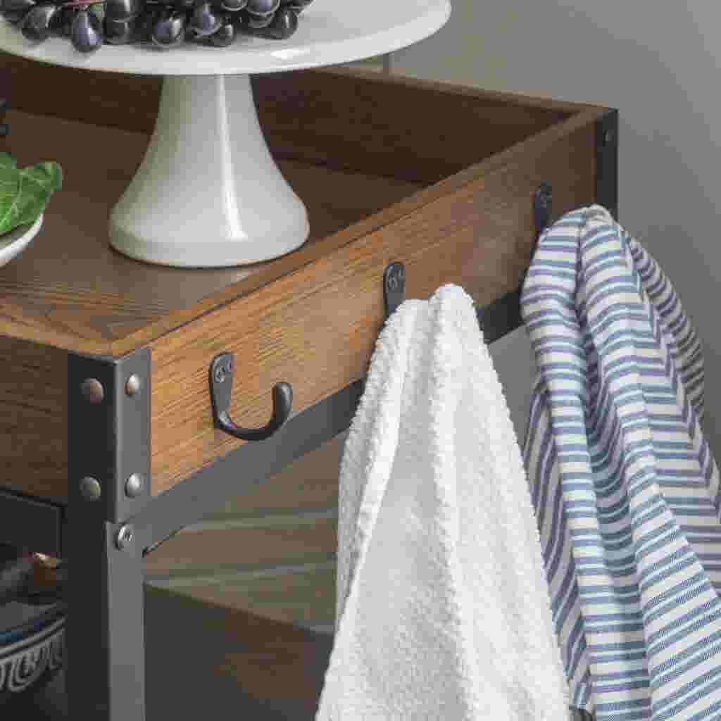 Close-up of the drawer handle and towel on the Austin Kitchen Cart.