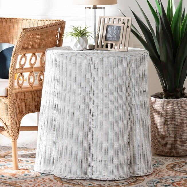 Palm Bohemian White Scallop Rattan Console Table, WHITE, alternate image number null