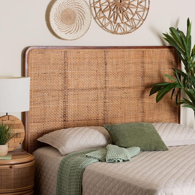 Caspia Bohemian Natural Rattan and Mahogany Wood Queen Size Headboard, LIGHT, hi-res image number null