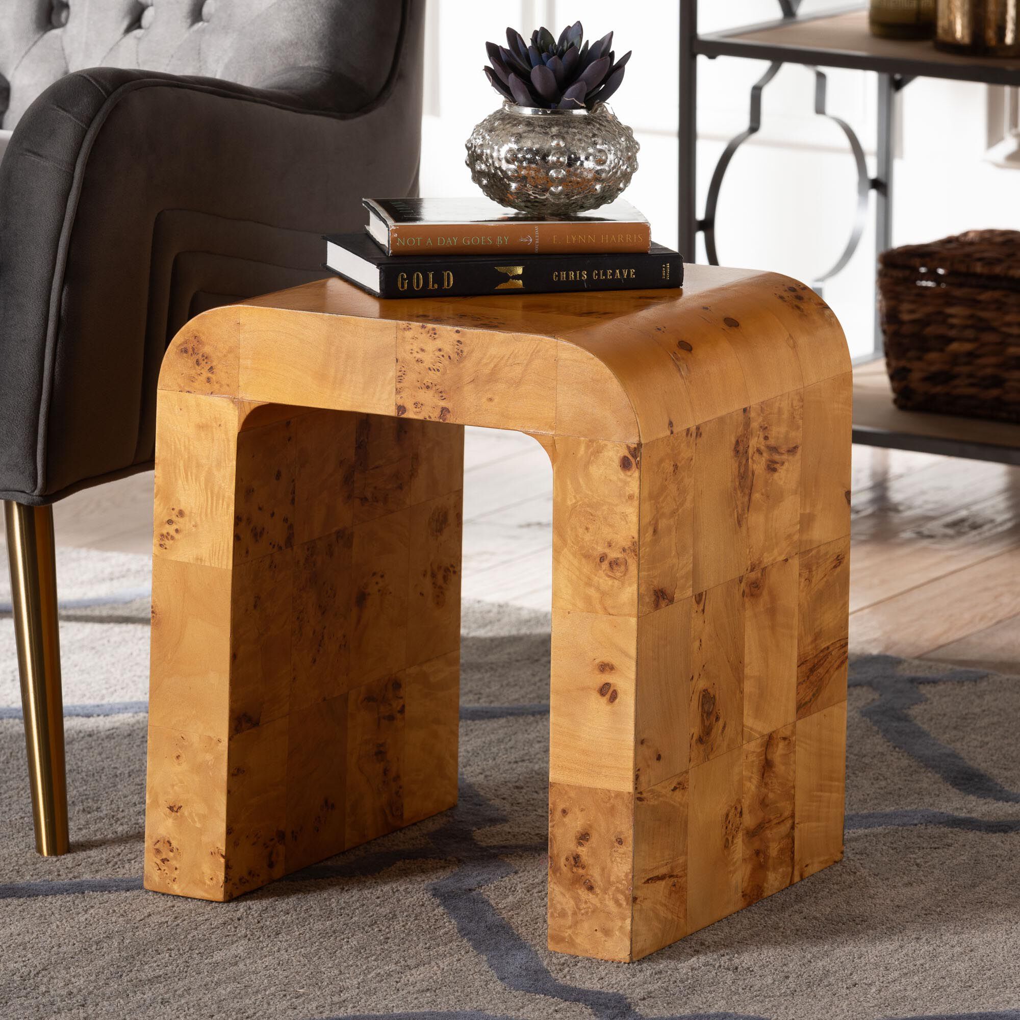 Revelle Modern and Contemporary Natural Light Mappa Real Burl Wood End Table, BURL, alternate image number 6