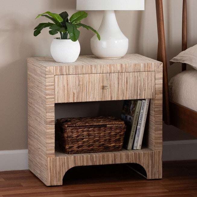 Julia Bohemian Woven Natural Grasscloth 1-Drawer Nightstand, NATURAL/GOLD, hi-res image number 0