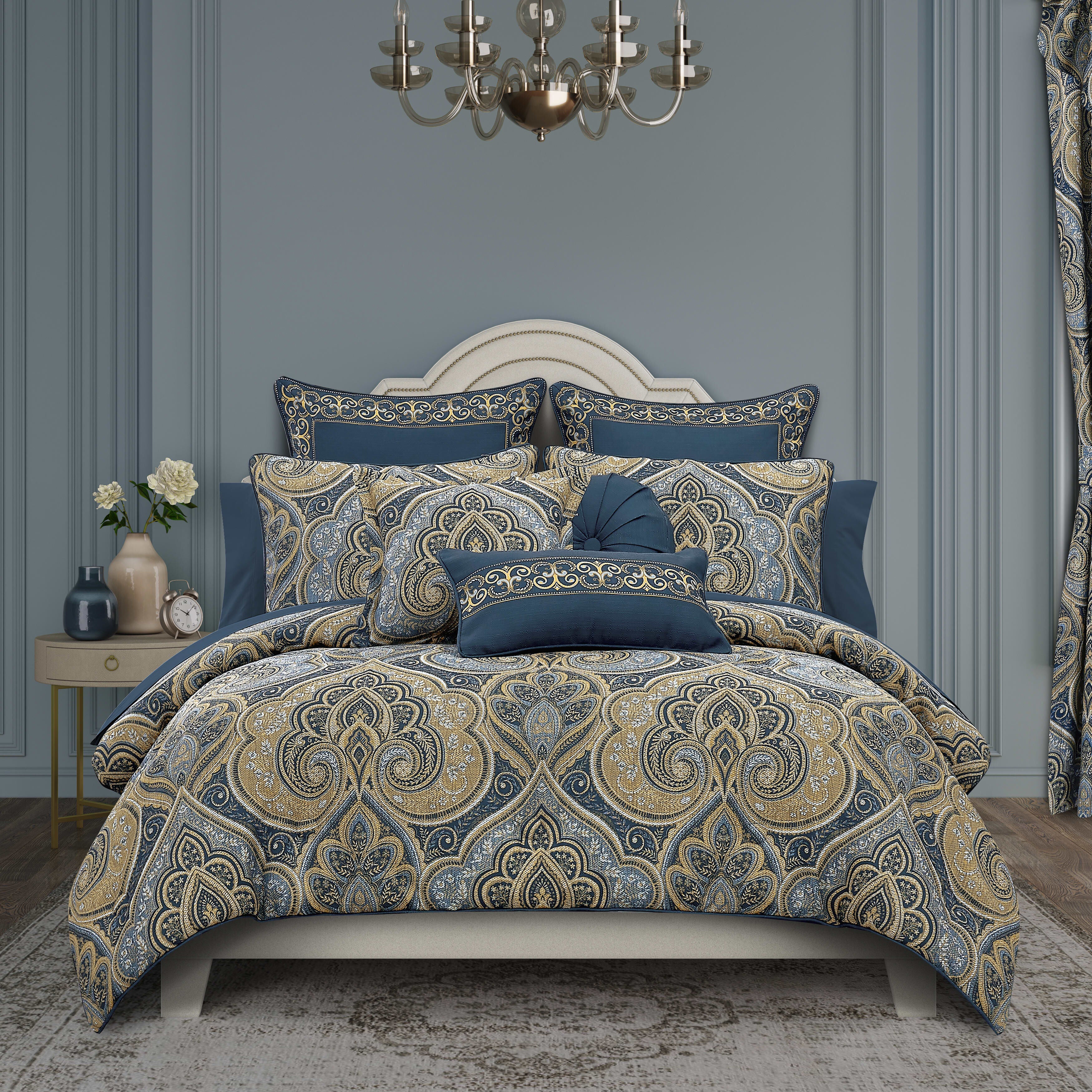 Messina Navy 3 Piece Comforter Set, NAVY, hi-res image number 0