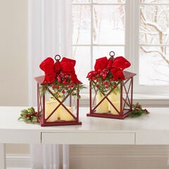 14"H Red Christmas Lantern with LED Candles