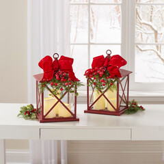 14"H Red Christmas Lantern with LED Candles