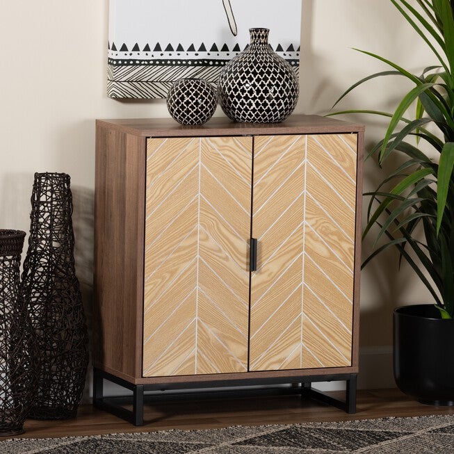 Josephine Mid-Century Modern Transitional Two-Tone Walnut And Natural Brown Finished Wood And Black Metal 2-Door Storage Cabinet, , alternate image number null