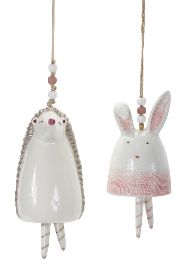 Bunny/Hedgehog Bell (Set of 4) 4.75 inchesH, 7 inchesH Stoneware, WHITE/PINK, alternate image number null