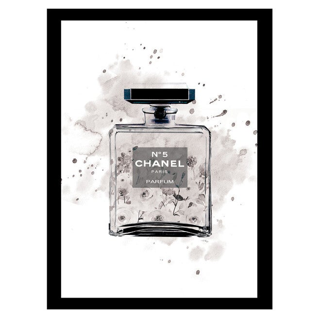 Chanel Bottle Watercolor Roses - Grey / Black - 14x18 Framed Print, GREY BLACK, hi-res image number 0