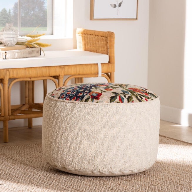 Murino Vintage Cream And Multicolor Fabric Ottoman Pouf, , alternate image number 2