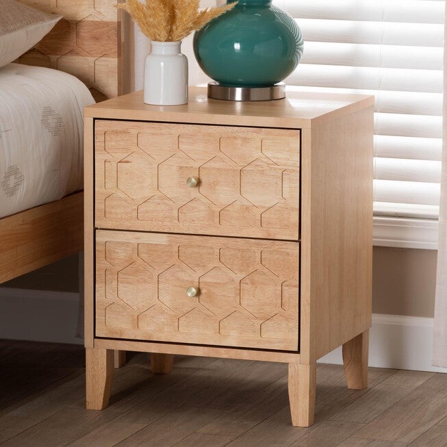 Hosea Japandi Carved Honeycomb Natural 2-Drawer Nightstand, NATURAL, hi-res image number null