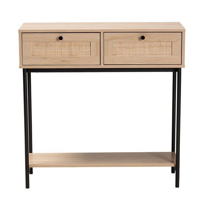 Sherwin Mid-Century Modern Light Brown And Black 2-Drawer Console Table With Woven Rattan Accent, , alternate image number null