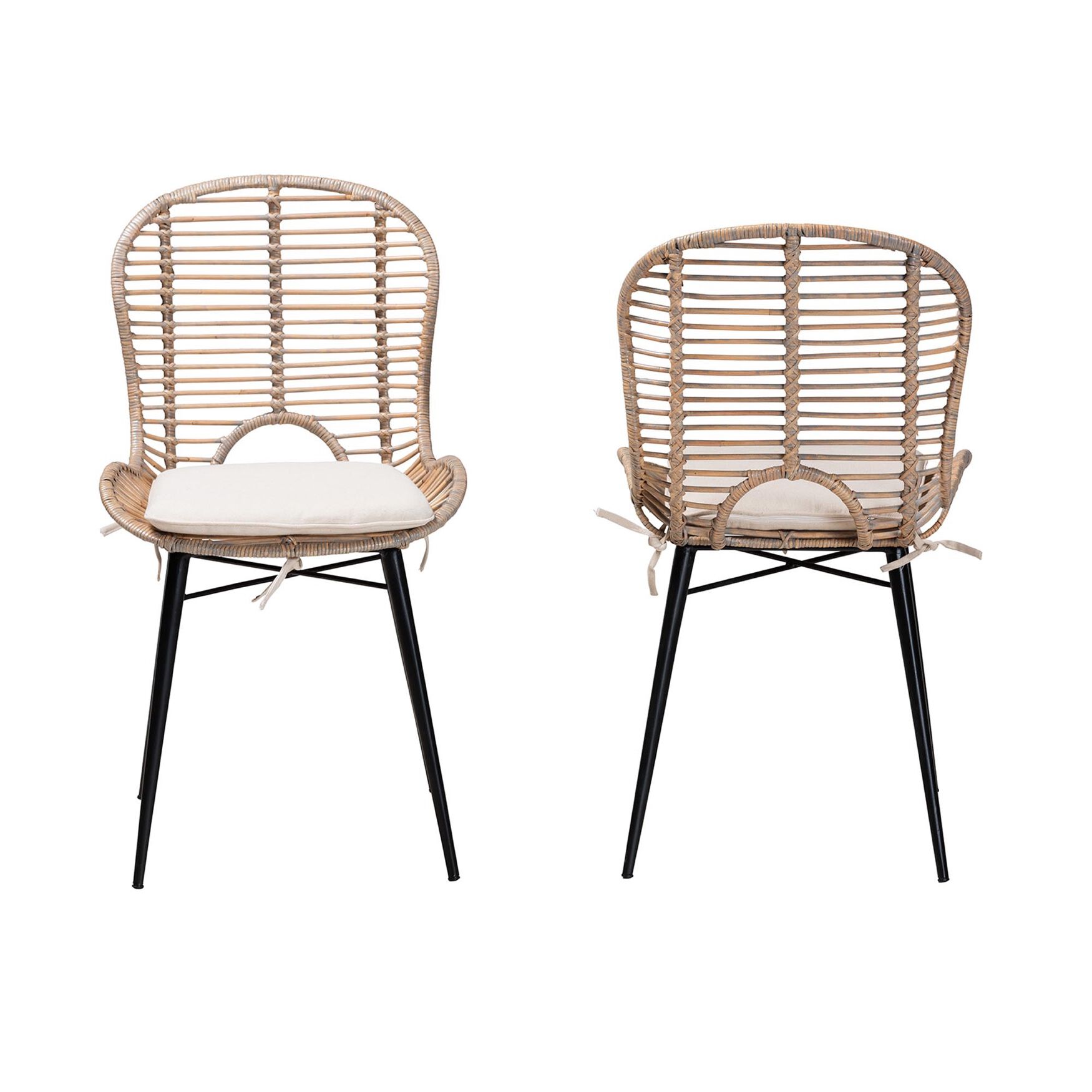 Brenna Modern Bohemian Greywashed Rattan And Black Metal Dining Chair, , on-hover image number 1