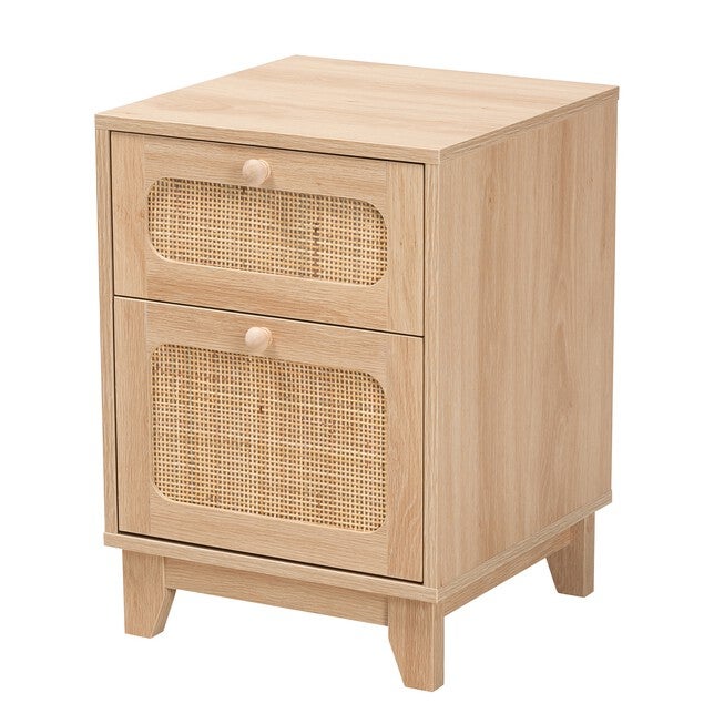 Elsbeth Mid-Century Modern Light Brown Finished Wood And Natural Rattan 1-Drawer End Table, LIGHT BROWN NATURAL BROWN, hi-res image number null