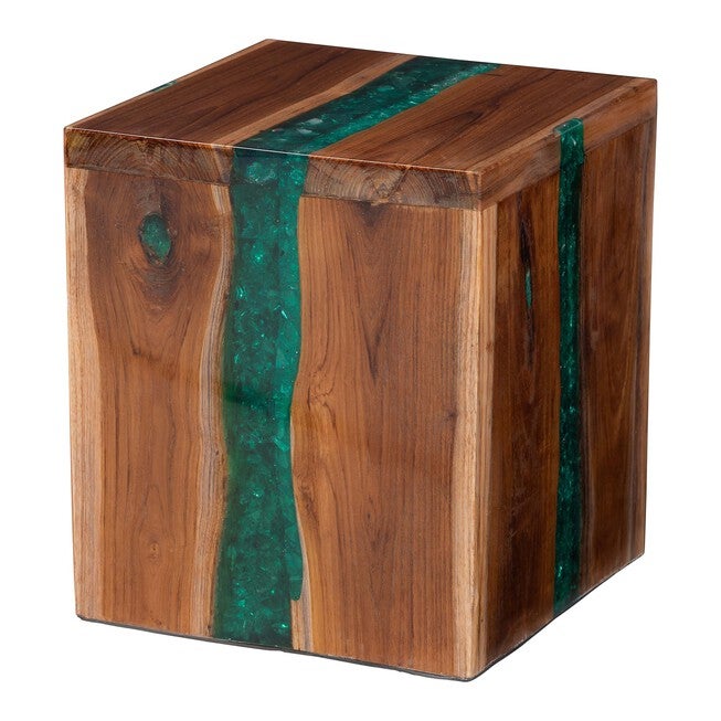 Anan Teak Wood Epoxy Resin End Table, Cube, BROWN, alternate image number 1