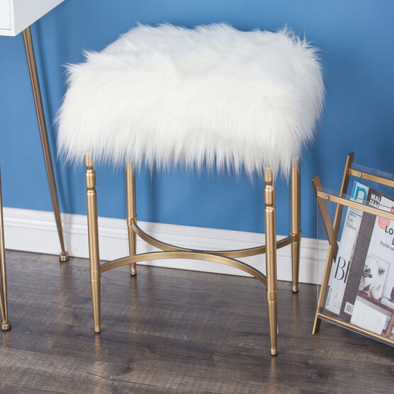 Gold Fur and Metal Contemporary Stool, 20x26x18, , alternate image number null